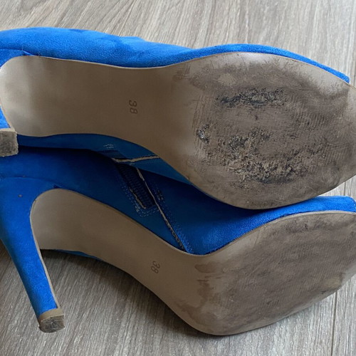 Electric Blue Suede Peep-Toe Heeled Ankle Boots, size 38