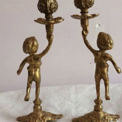 French embossed brass candlesticks used, set of 2, 25 cm