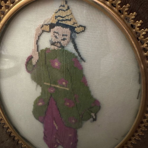 Embroidery frames vintage set of 2 with velvet oval gold details used