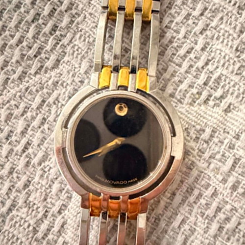 Movado Esperanza ladies watch used, silver-gold tone bracelet, black dial