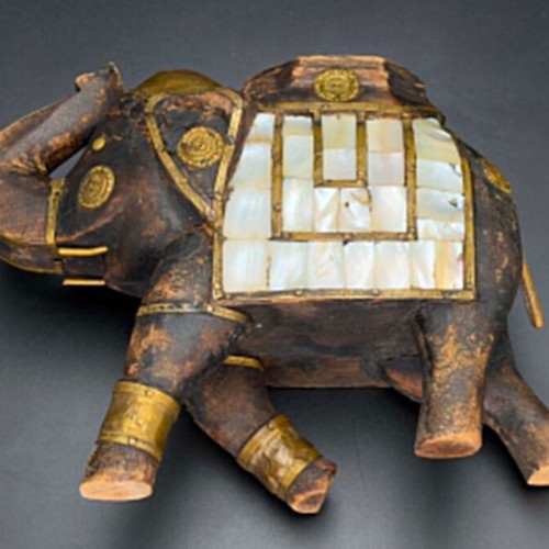 Decorative handmade vintage elephant wood brass mother of pearl