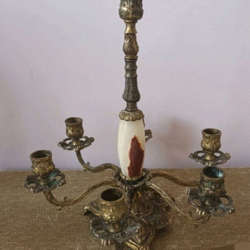 Bronze French seven-arm candelabrum used, onyx and bronze