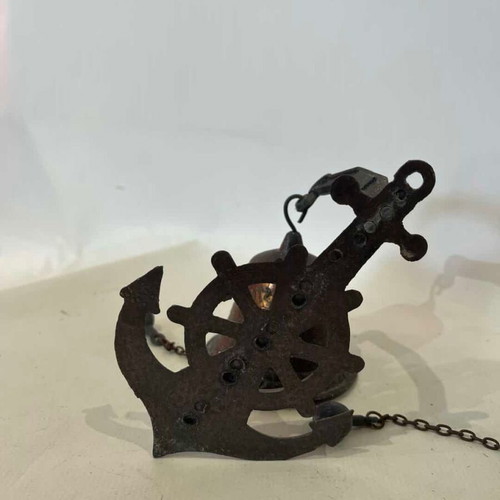 Vintage set of 2 copper wall bells with anchor and ship wheel decoration used