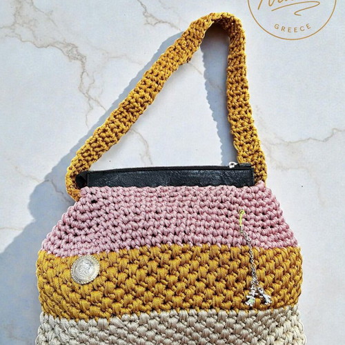 Handmade knitted shoulder bag in pink, mustard and beige shades, new