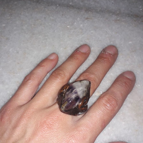 Vintage ring used, handmade leather with semi-precious stone
