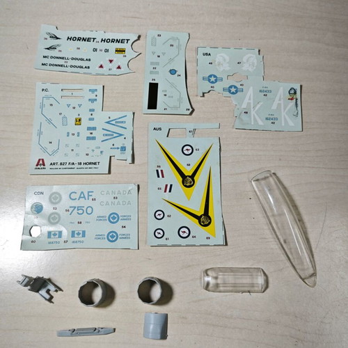Italeri F/A 18 Hornet 1/48 airplane used parts and decals