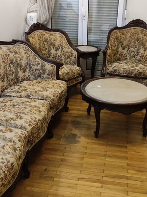 80s living room set used, classic carved oak with marble