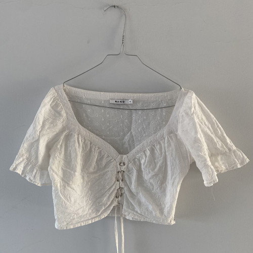 Na-Kd white crop top blouse with front ties and side zipper