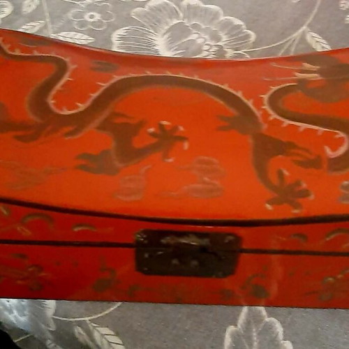 Collectible Sleep Pillow Box Treasure Chest Late 19th Century Lacquered with Dragon