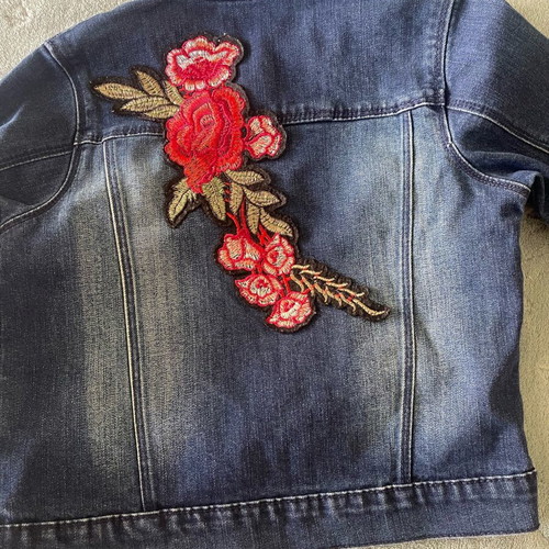 Children's clothing set like new, coral dress and embroidered denim jacket