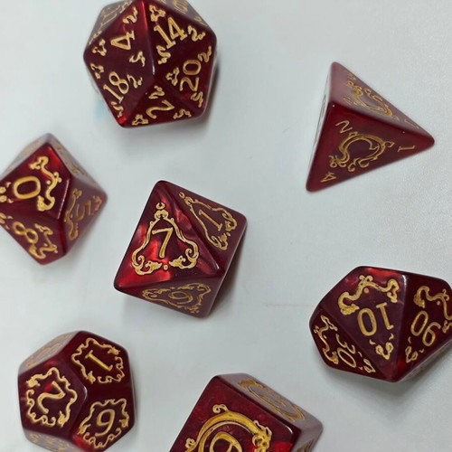 D&D Dragon Pearl Red & Gold Dice Set like new, 7 pieces
