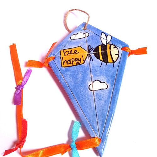 Ceramic kite bee new, handmade with ribbons