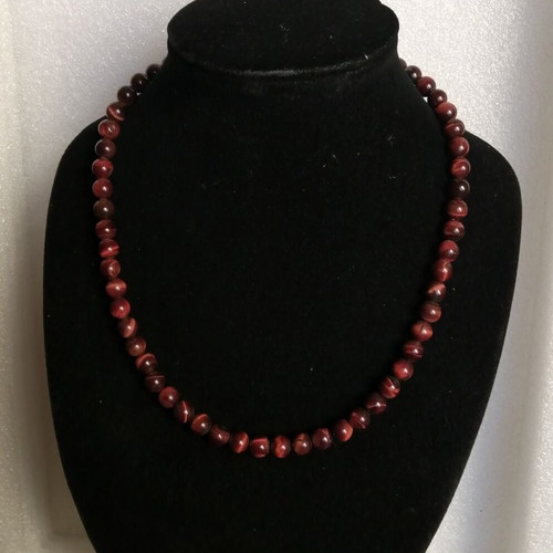 Necklace with Red Tiger's Eye Semi-Precious Stones and Silver Clasp