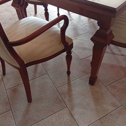 Dining table with six chairs new, one chair fabric needs replacement