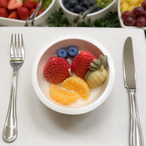 Handmade scented fruit candle in reusable porcelain powder container