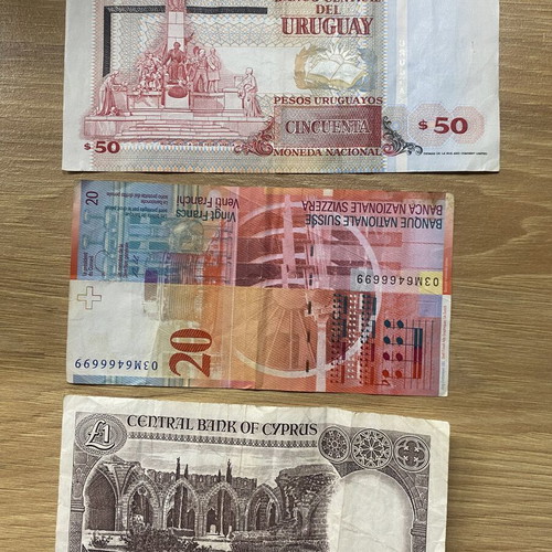 Collection of 3 international and historical banknotes used