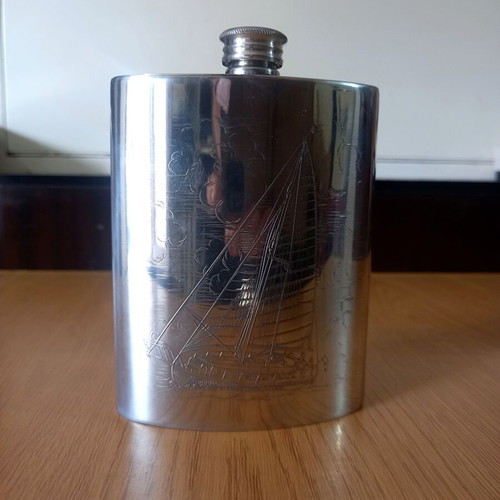 Wentworth Pewterers vintage hip flask with sailing ship design
