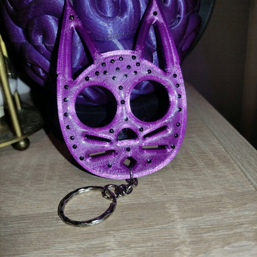 Handmade 3D Printed Cat Keychain with Rhinestones and Resin Coating like New, Purple