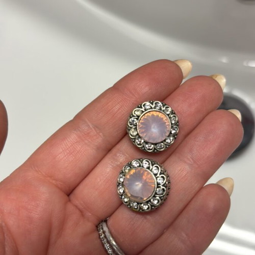 Button earrings with rhinestones and pink stone steel new