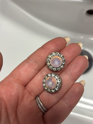 Button earrings with rhinestones and pink stone steel new
