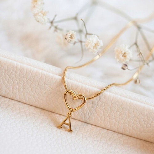 Gold Heart Necklace with Letter A Pendant New