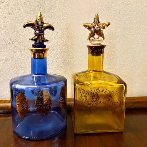 Vintage colored glass bottles like new, 20 cm height