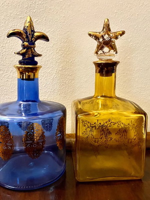 Vintage colored glass bottles like new, 20 cm height