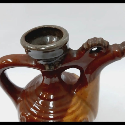 Vintage Troyan Ceramic Jug handpainted, brown and beige, 14 cm