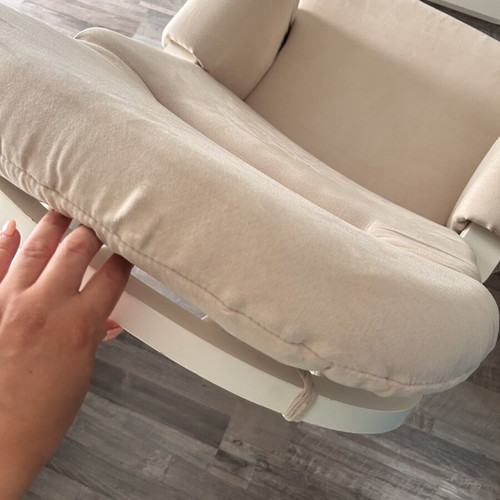 Rocking nursing chair like new, white wooden frame, beige fabric