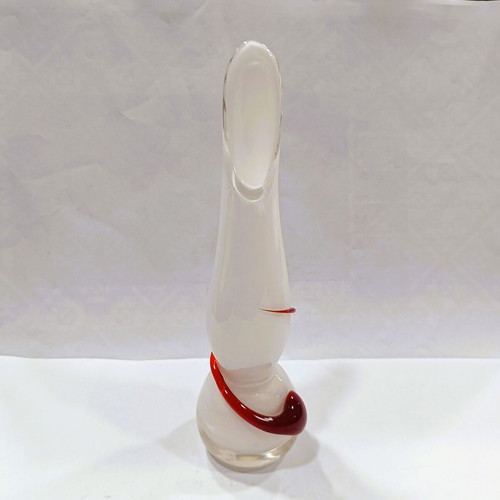 Vintage Italian Vase Flame handmade hand-blown Opalina glass with red swirl