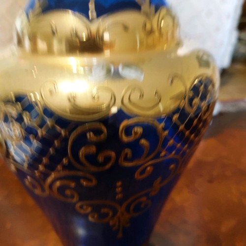 Large Bohemia vase used 44×17 cm with hand painting and 24k gold from 1950