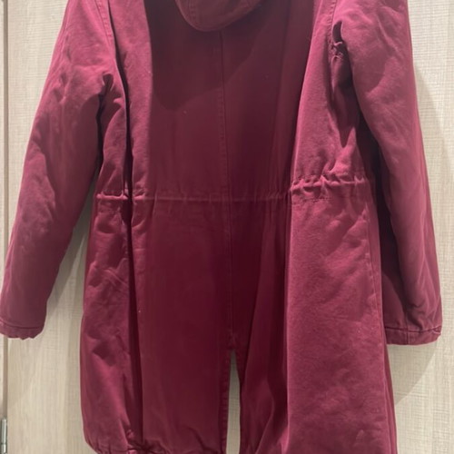 Burgundy jacket used, size small with wide fit, minor hood wear