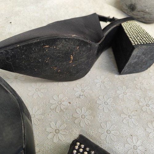 Only black satin slingback heels with gold studs, size 38