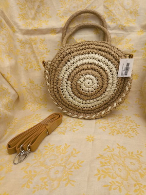 Straw bag round with handle and crossbody strap new, beige and brown