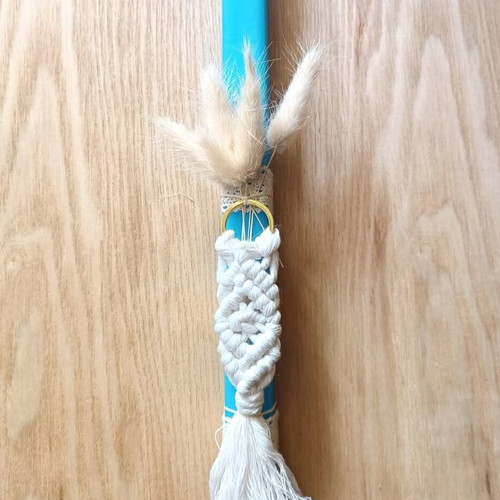 Handmade macrame candle new, blue with keychain