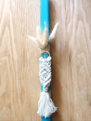 Handmade macrame candle new, blue with keychain