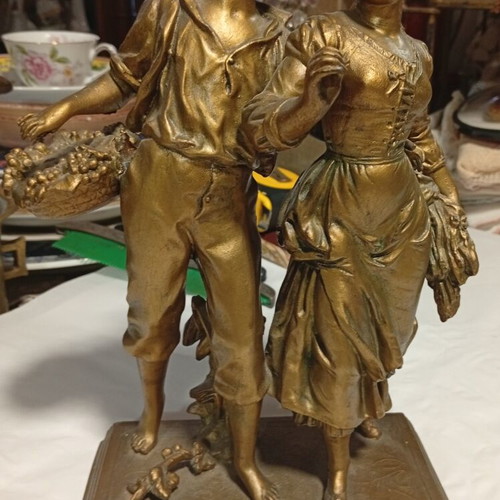 French Art Nouveau Belle Époque spelter sculpture of young rural couple
