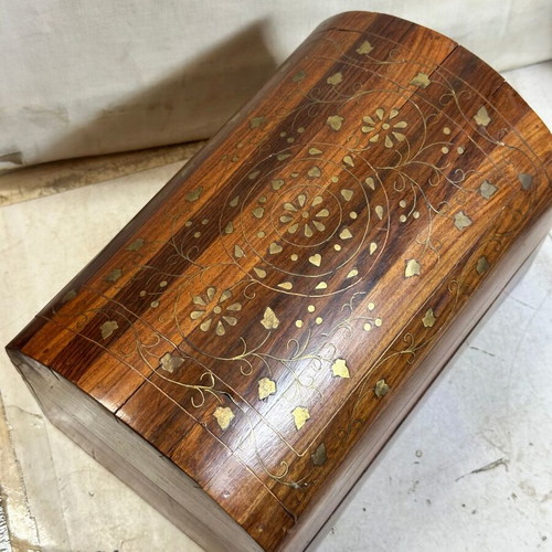 Vintage wooden chest with brass inlay used