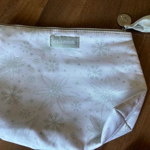 Clarins cosmetic bag, white and grey