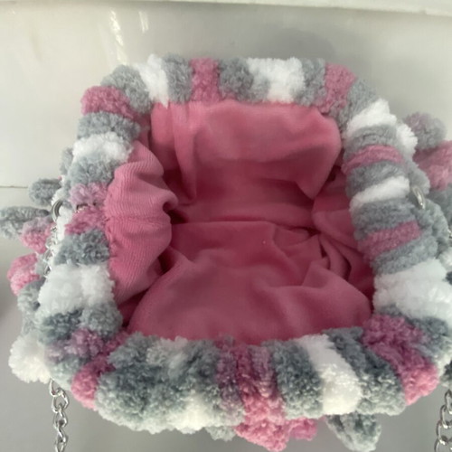 Handmade puffy bag with chain, like new, gray and pink