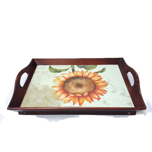 Vintage wooden tray with sunflower rustic decor used