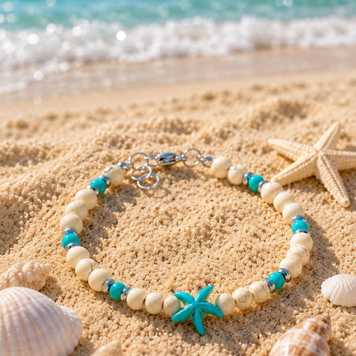 Handmade anklet bracelet with semi-precious stones turquoise hematite and chaoite