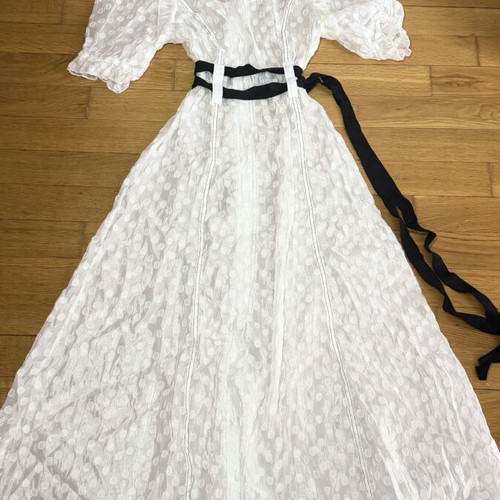 Midi dress S like new, white with puff sleeves and black waist ties