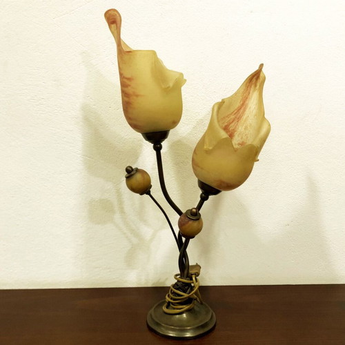 Two-light bronze lamp with blown glass like new