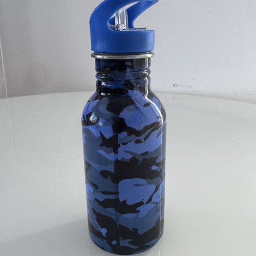 Kids Water Bottle Shark Design with Straw Blue Camouflage new