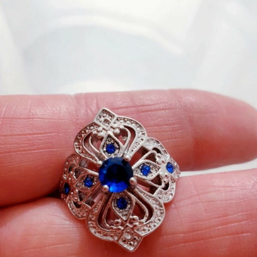 Vintage 70ies Boho Silver Engraved Ring with Blue Zircon Stones Size 55 Like New