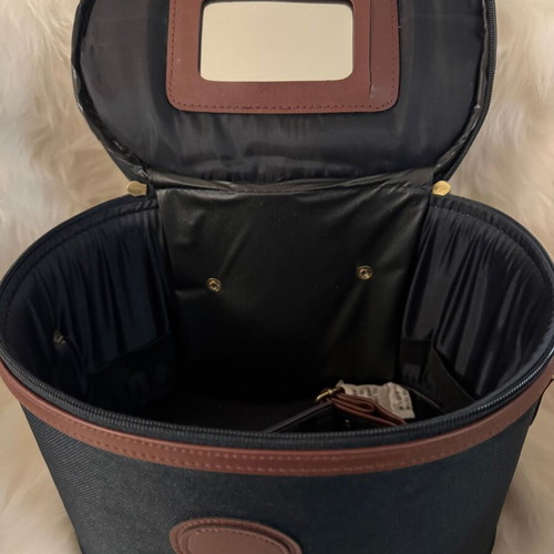 Toiletry bag cosmetic case new, blue fabric and brown leatherette