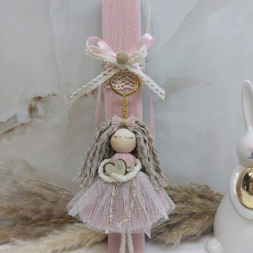Scented candle with handmade macrame doll keychain new