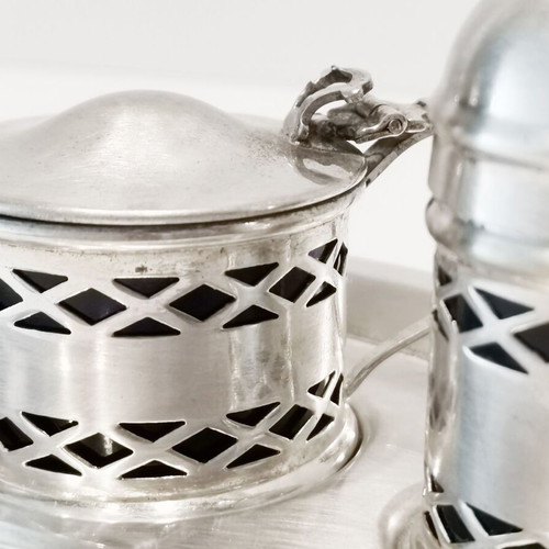 English vintage three-piece salt and pepper set used, silver-plated