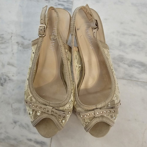 Tulipano women's peep-toe sandals used, size 38, beige with lace and sequins
